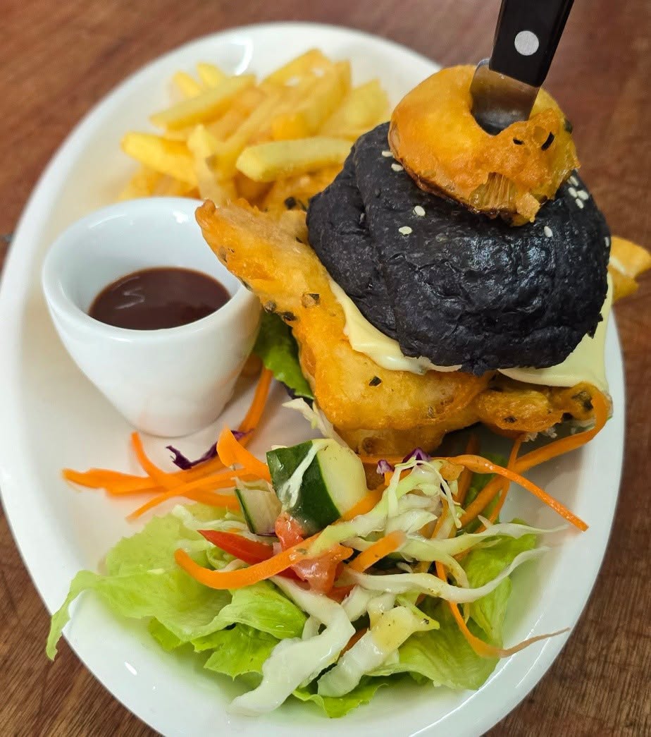 Burger with fries and salad